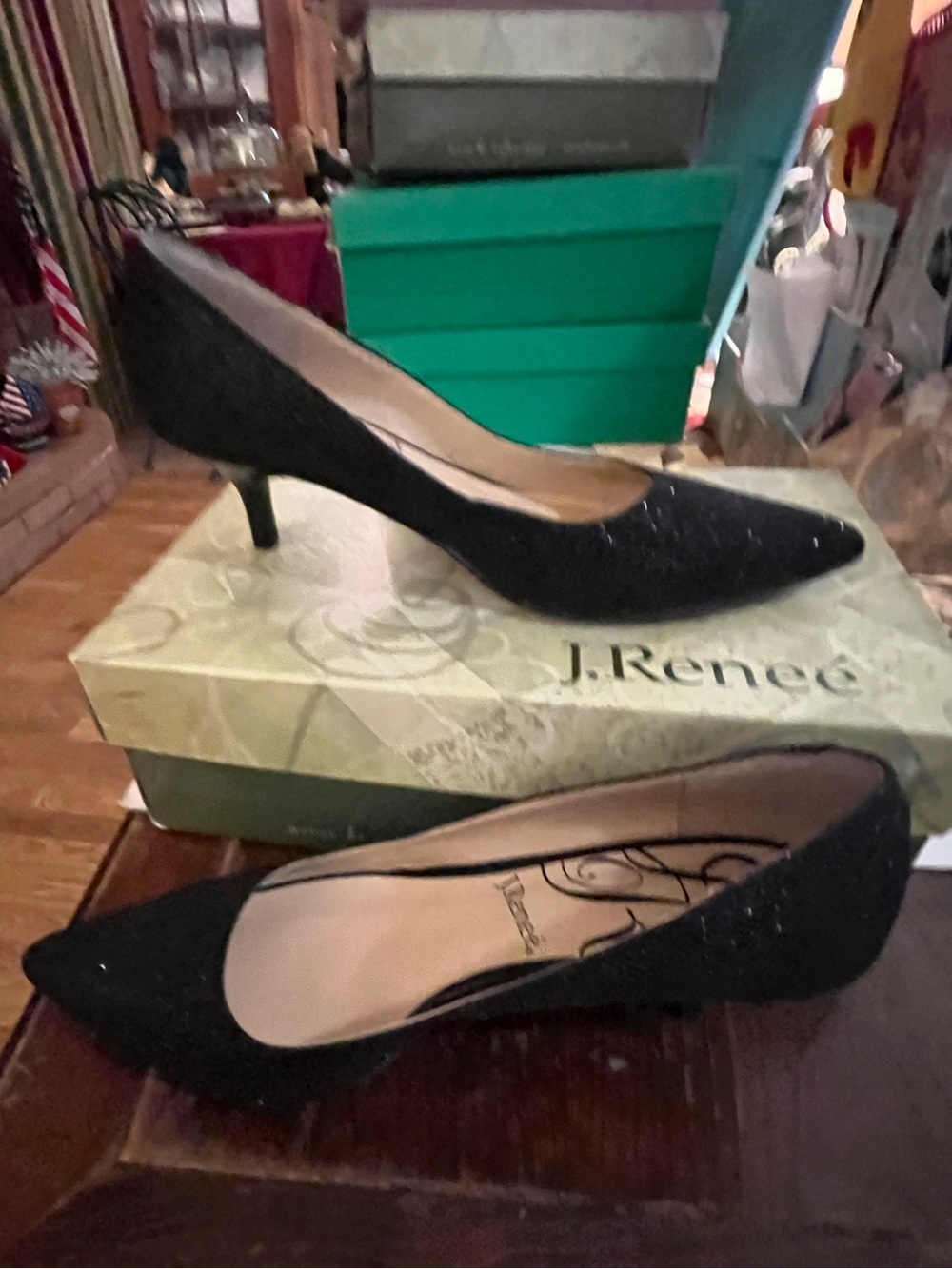J.Renee Black Sparkle Pointed Toe Kitten Heel Pumps